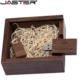 DRIVE JASTER 1PCS GRATIS Aangepast Logo Walnut Maple Wood Foto Album USB+Box USB Flash Drive Pendrive 8GB 16GB 32 GB Wedding Gift Box