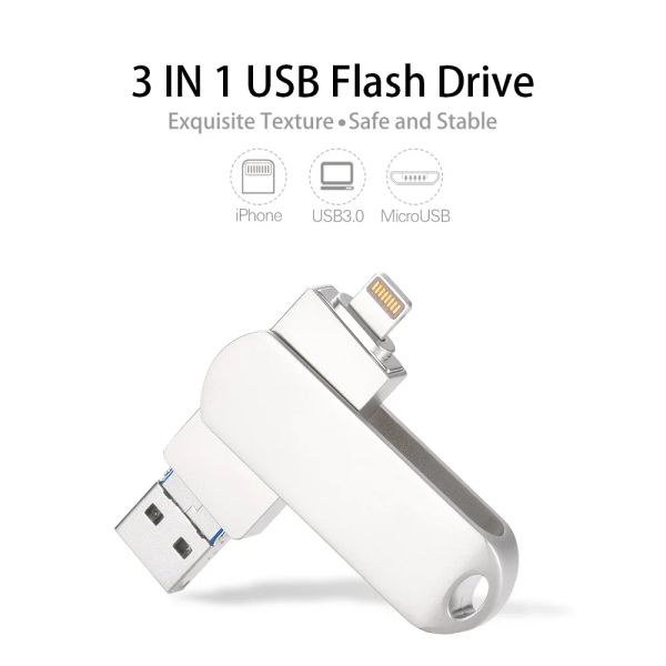 Drives Jaster iPhone Lightning Pen Drive OTG USB 3.0 Drive Flash pour iPad Android 32 Go 64 Go 128 Go 256 Go Pendrive 3 in 1 Memory Stick