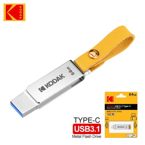 Unidades Kodak USB3.1 USB Flash Drive 32GB 64GB 128GB 256GB Metal Tipo C 2 en 1 Pendrive CLE OTG USB USB Stick Dual para MacBook PC TV Laptopo