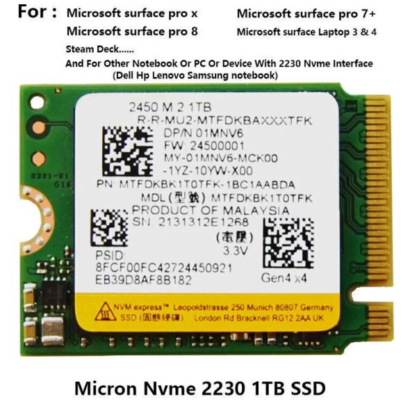 Drives Original 2450 2230 1TB 512 Go 256 Go 2230 NVME PCIE GEN4 X 4 SSD jusqu'à 3320 Mo / s pour Micron Microsoft Surface Pro X Pro 8 et Pro 7