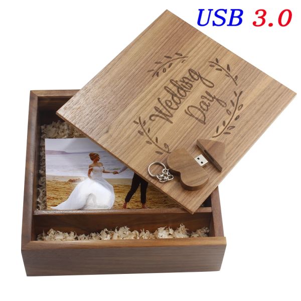 Unidades de fotografías USB 3.0 Drive Flash 128GB Memoria de la caja de madera Memory Free Custom Logotipo Pen Drive 64GB Regalos de boda creativos Pendrive 8G