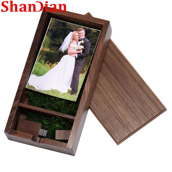 Drives Frame photo de mariage Shangdian USB Drives en bois naturel 128 Go Gratuit Logo Custom Pen Drive Pendant Memory Memory Stick Wedding Gift
