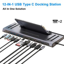 Drive USB Type C Hub vers 2 HDMI Dual Monitor avec Gigabit RJ45 USB Hub PD 3.5 mm SD / TF Adaptateur de transmission de données USBC pour Book Pro