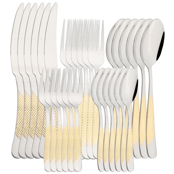 Drmfiy couverts de luxe 30 pièces fourchette cuillère couteau ensemble élégant or acier inoxydable vaisselle thé cuisine argenterie 240318