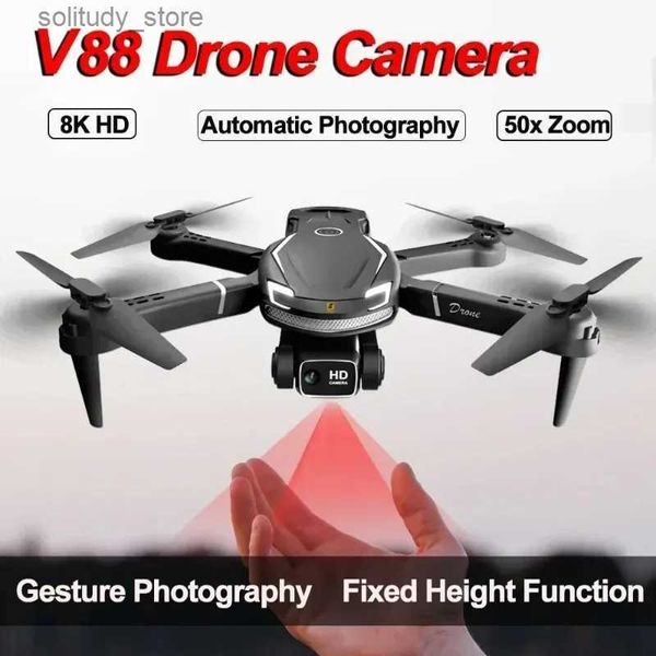 Drones Drone double caméra V8 haute définition 8K avec un bouton d'arrêt d'urgence obstacle photographie aérienne quatre hélicoptères cadeaux de voyage en plein air Q240308