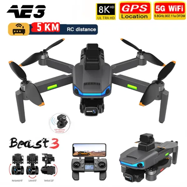 DRONES AE3 PRO MAX GPS DRONE 8K DUAL HD CAME CAMERIE 3AXIS GIMBAL OBSTACE SEMPROSSEMENT Évitement de la photographie aérienne Hélicoptère RC Quadcoptère