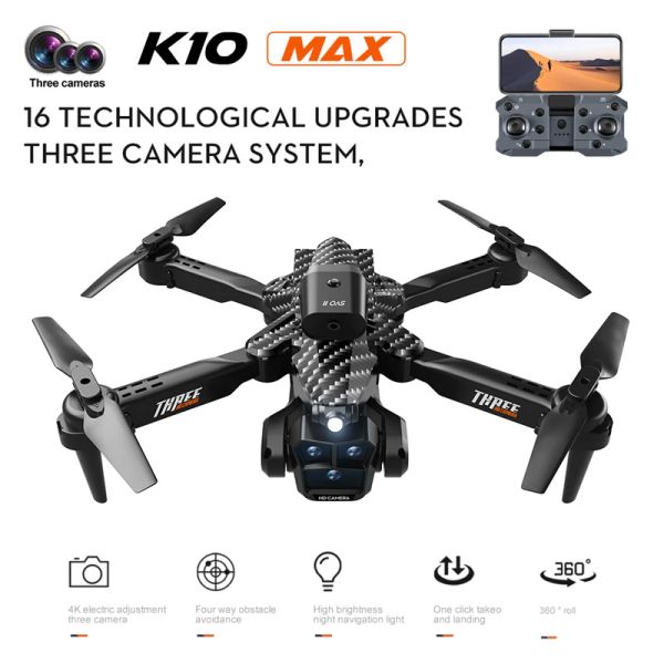 Drones K10 Max Drone HD 4k Trois caméras Photographie aérienne Photographie UAV Évitement d'obstacles Optical Flow Positionnement Aircraf Toys Cadeau de Noël