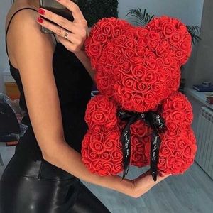 Gota 40 cm Oso de peluche de rosa Flores artificiales Oso de rosa para San Valentín Boda Caja de regalo de Navidad Decoraciones para el hogar 210624