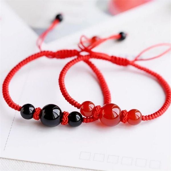Bracelets à cordes rouges porte-bonheur faits à la main, style chinois, perles en pierre d'agates rouges et noires, pour hommes et femmes, Brace253j