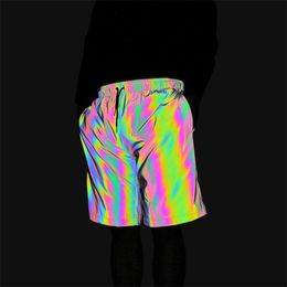 Drop kleurrijke reflecterende shorts mannen joggen hiphop korte broek laser jogger dames club dance fitness running zweetbroeken 220715