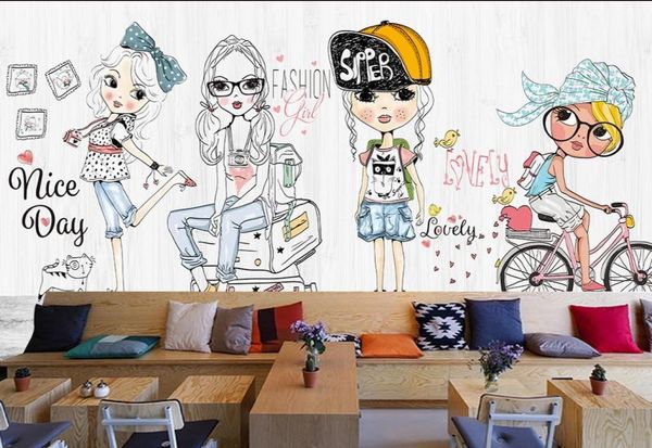 Gota de papel pintado personalizado pintado a mano dibujos animados chica moda espectáculo ropa pared de tienda Mural niños habitación Wallpaper2265815
