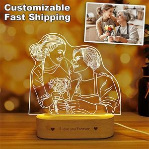 Drop Aangepaste 3d Night Light -tekst en POS Aangepaste kinderen Bedide Lampen Gepersonaliseerd houten cadeau voor de slaapkamerdecor 220623