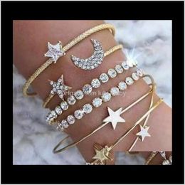 Livraison directe 2021 créateur de mode marque quatre pièces ensemble bracelet brillant cristal strass étoile lune charme ouvert bracelets femmes bijoux fins