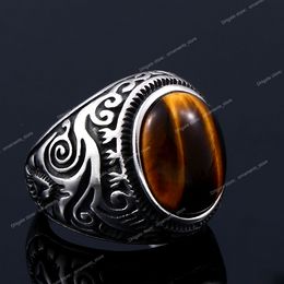 Vintage man jongen ovale tijgeroog bruine stenen ring in roestvrij staal sieraden heren accessoires Anel Aneis BR8-699 mode-sieraden ringen sieraden accessoires