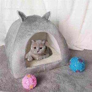 Drop pliable 2-en-1 chat lit intérieur chaton tente maison chaude pour petit animal de compagnie chien nid Kitty grotte dormir confortable tapis en peluche 210722