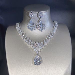 Drop lab diamant sieraden set 14k wit goud verloving bruiloft oorbellen ketting voor vrouwen bruids belofte cadeau vtntf