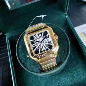 Drop-Mens Watches Square Skeleton 39 mm Taille Regarder All en acier inoxydable Casual Business Quartz Wristwatch287m