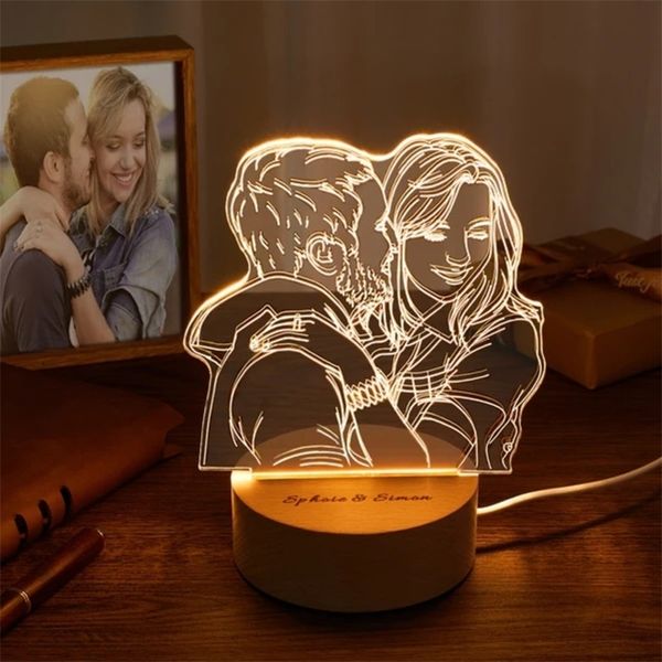 Gota personalizada Po 3d lámpara LED Base de madera personalizada USB DIY 3D luz nocturna crear regalo sorprendente para aniversario 220623