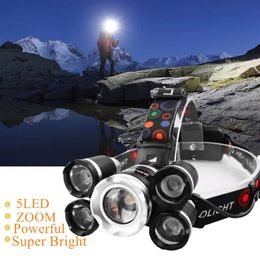 Gota potente faro 5 LED T6 faro ZOOM linterna antorcha caza cabeza luz pesca luz camping linterna 240227