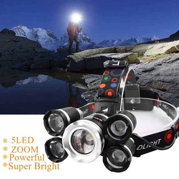 Gota potente faro 5 LED T6 faro ZOOM linterna antorcha caza cabeza luz pesca luz camping linterna 240227