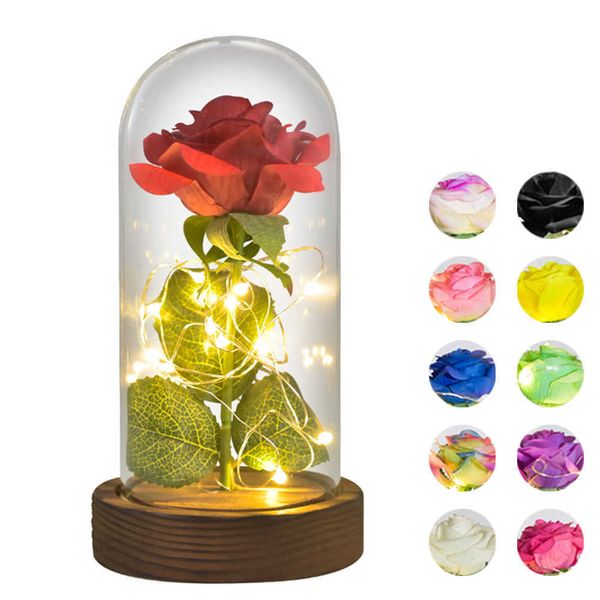 Drop Rouge / Blanc / Noir Fleur de rose éternelle dans un dôme de verre avec base en bois de lumière LED Cadeaux de Noël pour femmes 210624