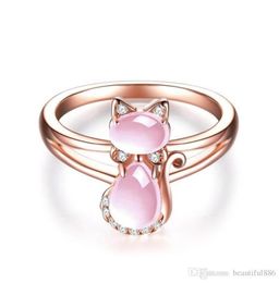Drop Rose Gold Color Cute Cat Animal CZ Ross Quartz Crystal Pink Opal Rings Sieraden Hele voor vrouwen Girls76598298151480