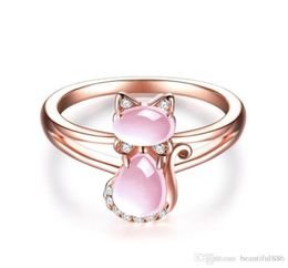 Bagues en forme de chat mignon, couleur or Rose, Animal CZ Ross, cristal de Quartz, opale Rose, bijoux entiers pour femmes et filles, 76598297399961