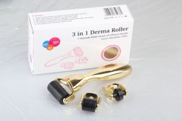 Drop Ship 3 in 1 Derma Roller, 3 afzonderlijke rollerhoofden van verschillende naaldcellen 180c / 600c / 1200c gouden handvat micro naald roller