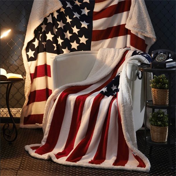 Drop Ship 3D Impression numérique Drapeau américain Sherpa Couverture polaire portable en peluche couverture sur lit canapé épais chaud Sherpa LJ201127