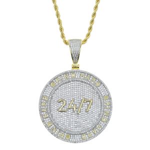 Collier penadnt hip hop avec lettre gravée plaquée or, mouture dure avec zircon cubique pavé, charme rond, styles punk, bijoux pour hommes et femmes, cadeau