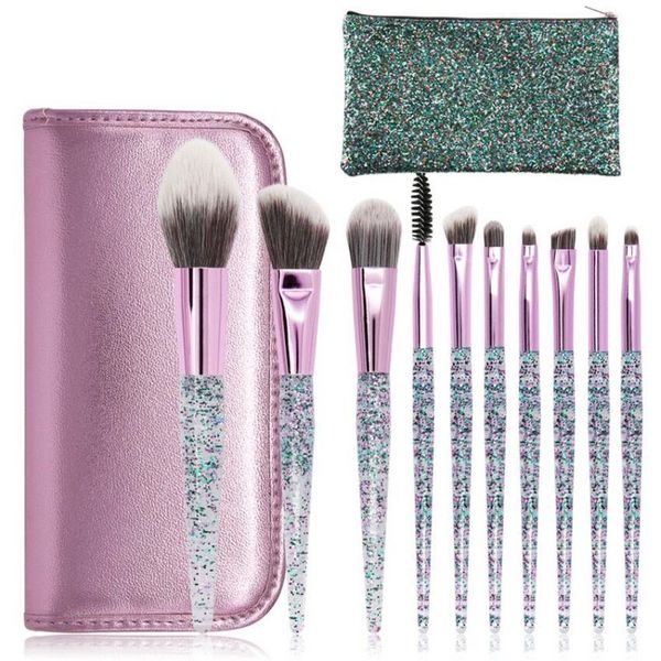 drop ship Ensembles de pinceaux de maquillage 10PCS Manche en acrylique Paillettes Fond de teint haut de gamme Cosmétique Sourcils Ombre à paupières Brosse avec sac