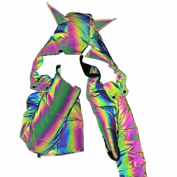 Drop Ship Nuevo 2024 Invierno Arco Iris Chaquetas reflectantes Mujeres Abrigo cálido Chica Chaqueta corta con capucha Top corto Reflejar prendas de vestir exteriores I5OA #