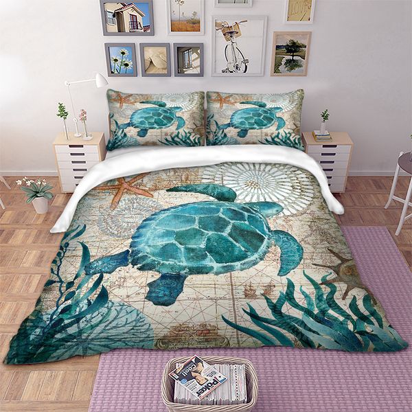 Drop shipping 3D serie Ocean Tartaruga marina cavalluccio marino delfini Set biancheria da letto con federe 2/3 pezzi Y200111