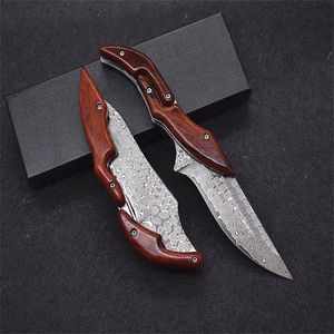 Cuchillo plegable mecánico Damasco VG10-Hoja de punto de caída de acero damasco, mango de palisandro, Navajas de bolsillo EDC