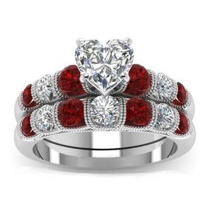 Drop Verzending Hoge Kwaliteit Vintage Mode-sieraden 925 Sterling Silver Pear Cut Topazruby CZ edelstenen Dames Bruiloft Bridal Heart Ring Set