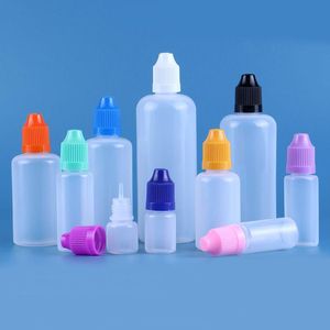 Botellas de cuentagotas 3ml 5ml 10ml 15ml 20ml 30ml 50ml PET PE Botella de aguja vacía suave con tapa a prueba de niños puntas de gotera larga GUVXF