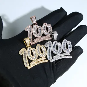Drops Hip Hip Hop Hendant Plaveid 5A CZ Stone Letter Number 100 Charm met touwketen voor vrouwen Men Gold Silver Rose Sieraden