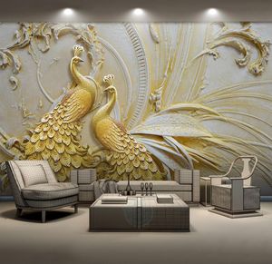 Dropship personnalisé Mural Wallpaper for Walls 3D stéréoscopique en relief Golden Peacock Fond mur peinture salon chambre hom5243140