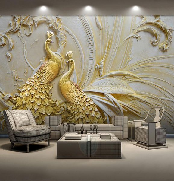 Livraison directe papier peint mural personnalisé pour murs 3D stéréoscopique en relief fond de paon doré peinture murale salon chambre Hom7964942