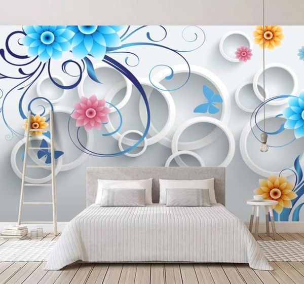 Livraison directe peintures murales personnalisées cercles 3D modernes fleur bleue chambre d'enfants chambre salon TV fond décoration murale murale Wa5417602