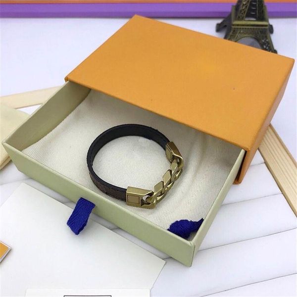 Bracelet en cuir PU marron plat classique, à la mode, avec tête de verrouillage en métal, bracelets porte-bonheur avec boîte 258z, livraison directe
