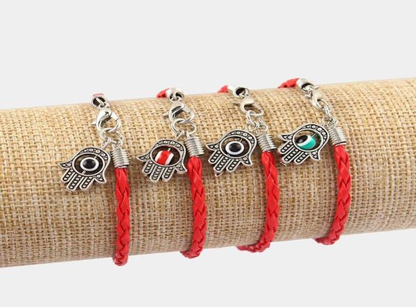 Dropshiping 20pcs Palm Hamsa avec oeil turc coloré Bracelets de cordon en cuir tressé rouge kabbale