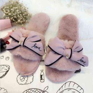 Dropshipping Beroemde Merk Bont Flip Flops Sweet Lace Bow Fur Slides Dames Designer Winter Sandals Warme en Cozy Home Slippers Y220310