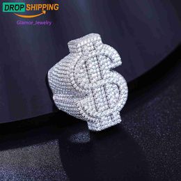 Dropshipping Hip Hop Sieraden Wit Vergulde Sterling Sier VVS Moissanite Diamond Iced Out USD Dollar Ring voor Mannen