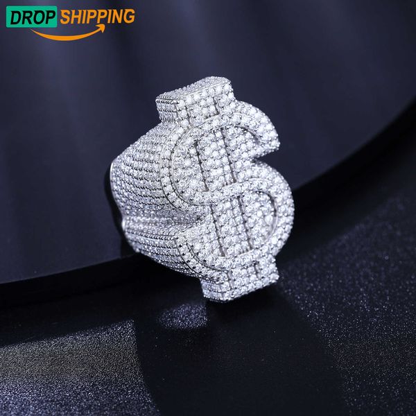 Dropshipping Hip Hop Bijoux Plaqué Or Blanc Argent Moissanite Diamant Glacé Usd Dollar Anneau pour Hommes