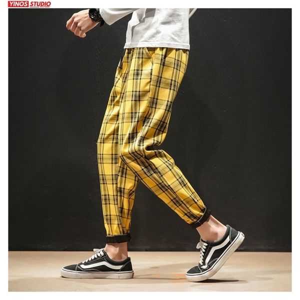 Dropshipping japonés Streerwear hombres pantalones a cuadros otoño moda hombre delgado pantalones casuales pantalones coreanos masculinos harem 201114