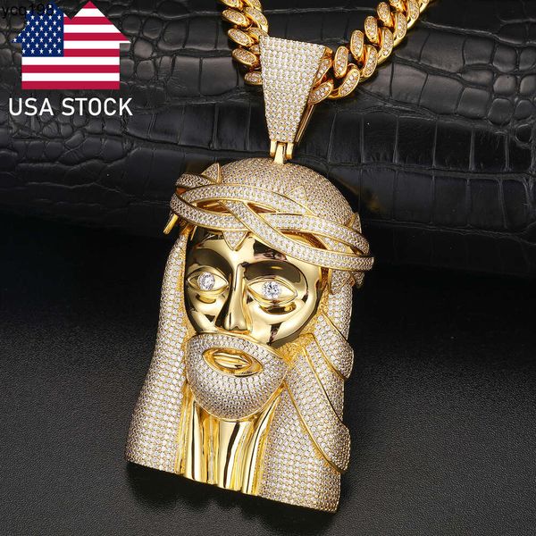 Dropshipping EE. UU. Stock Hip Hop joyería 18 k chapado en oro latón Micro pavimentado Aaaaa Cz diamante helado colgante de Jesús de gran tamaño