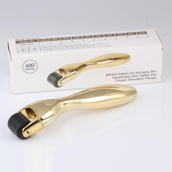 DRS derma roller 600 agujas micro aguja rodillo cabeza intercambiable Dermaroller mango dorado/plateado 0,2-3,0mm
