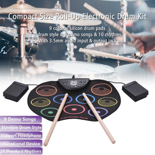 Tambores Percusión Color Tambor enrollado a mano 7 Timbres estándar 9 Canciones de demostración Cultivo del sentido musical Kit de batería educativa para niños Juguetes de instrumentos