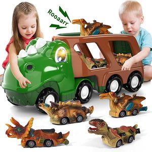 Drums percussie Kids Dinosaur Transport Truck speelgoed Trek auto's terug met mechanische stem Tyrannosaurus Rex Container Model Toys For Christma Gifts 230216